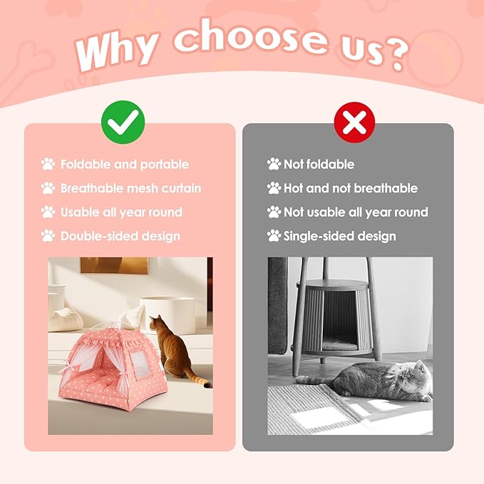 Cat Tent, Pink Cat Tents for Indoor Cats, Foldable Cats Teepee with Lace Mesh Breathable Windows, Portable Pet Tent for Small Pussy Dogs up to 5.5lbs(13.8 X 13.8in) (Pink, S)