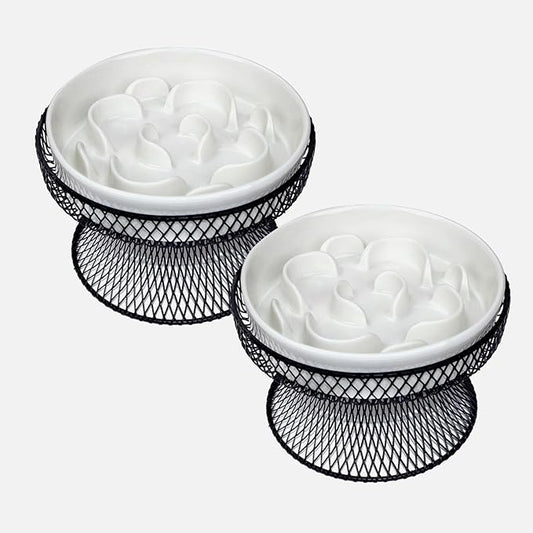 2PCS Raised Ceramic Cat Slow Feeder Bowl Elevated Food Bowl with Stand, Cat Slow Bowl for Wet Food and Dry Food,Slow Down Eating Speed, Whisker Friendly Pet Puzzle Feeder for Kitten and Small Dog