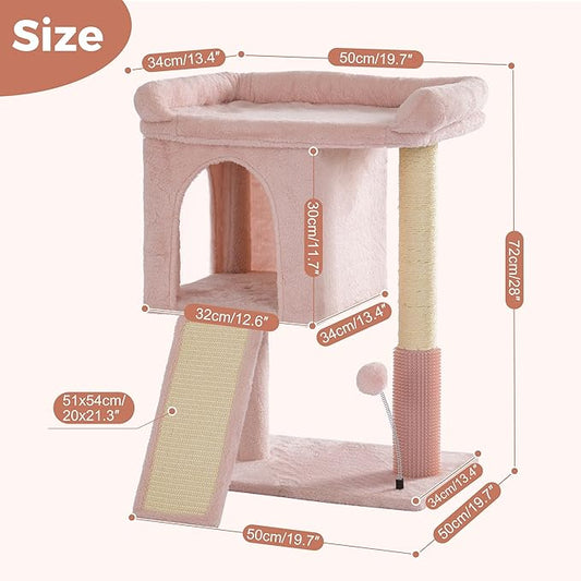 Pink Cat Tree Tower for Large Cats with Large Top Bed 20x13.8”Private Cat Condo,Sisal Scratching Post and Ramp and Self Groomer and Spring Ball-Pink