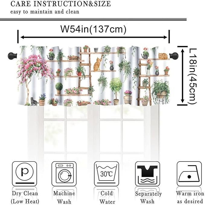 Vintage Bohemian Flower Window Valance Curtains, Colorful Succulent Plants Cute Cats Art Green House Plant Potted Flower Valance Curtain for Farmhouse Bedroom Living Room Kitchen 54x18inch