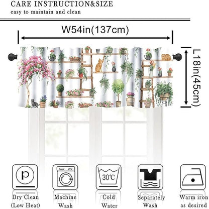 Vintage Bohemian Flower Window Valance Curtains, Colorful Succulent Plants Cute Cats Art Green House Plant Potted Flower Valance Curtain for Farmhouse Bedroom Living Room Kitchen 54x18inch