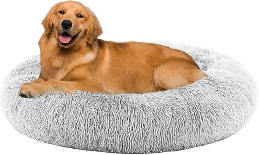 Sweetcrispy Donut Dog Bed, XL Large Round Calming Cat Bed with Washable Waterproof Cushion, Anti-Anxiety & Anti-Slip Fluffy Cuddle Cozy Faux Fur Plush for Pet Puppy Indoor Sleeping (37.4"x37.4", Gery)