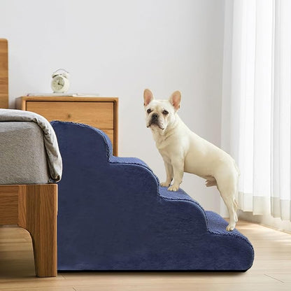 PAWSCART Pet Stairs for Dogs 4-Step, 19.6" H Pet Stairs for High Bed, Couch Sofa & Chair, 30D Material Soft Foam Dog Steps with Non-Slip Bottom Surface Removable Washable Cover, Blue