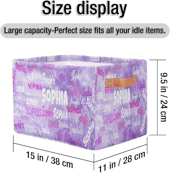 Custom Storage Baskets for Kids with Name, Large Foldable Organizer Collapsible Storage Bin with Leather Handle for Home Toys Closet Nursery, Light Purple Sand Texture Pattern