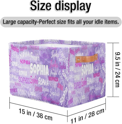 Custom Storage Baskets for Kids with Name, Large Foldable Organizer Collapsible Storage Bin with Leather Handle for Home Toys Closet Nursery, Light Purple Sand Texture Pattern