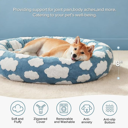 JOEJOY Donut Small Dog Bed, Round Cat Beds for Indoor Cats with Removable Washable Cover, Orthopedic Cute Puppy Kitten Pet Bed with Jacquard Shaggy Plush & Non Skid Bottom, Black
