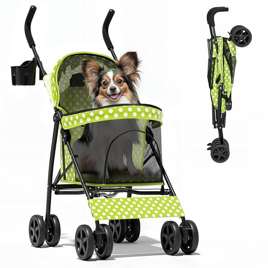 Magshion Compact Pet Stroller for Small-Medium Dogs/Cats up to 22lbs, 4-Wheel Lightweight Umbrella Shaped Portable Puppy Travel Jogger with Breathable Mesh, Cup Holder & Rear Storage, Lawn Green