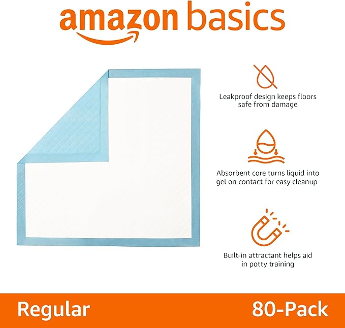 Amazon Basics Heavy Duty Dog and Puppy Pee Pads, Leak-Proof 5-Layer Super Absorbent, Quick-Dry Surface for Potty Training, Regular Size, 24x23", Blue & White, 50 Count