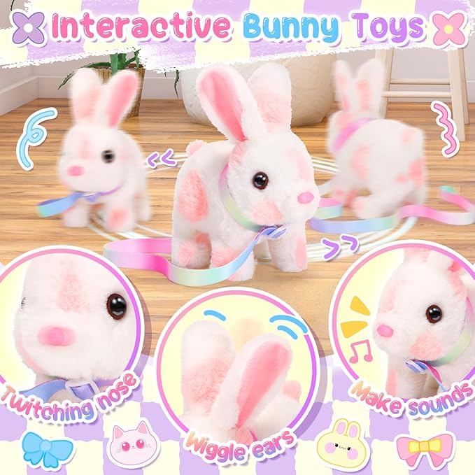Easter Hopping Bunny Toy for Kids with Crossbody Bags, Interactive Wiggle Ears Rabbit Toy for Girls Trip Pretend Play Robot Pet Care Cute Stuff Plushies Birthday Gifts Easter Basket Stuffers