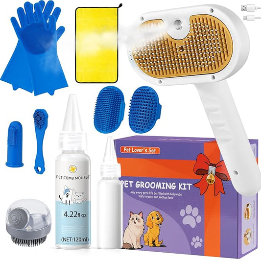 Pet Steam Brush for Dog & Cat – shower bath brush – Steam for Shedding & Grooming Water Brush for Long & Short Haired Pets Spritz Defur Comb 3-in-1 Spray Hair Removal Comb Includes 1*Waterless Shampoo