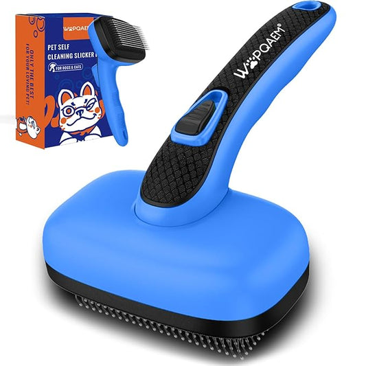 Self Cleaning Slicker Brush for Dog, Cat, Skin Friendly Shedding & Grooming Tool for Long and Short Haired Pets, Easy Clean Retractable Bristles, Blue