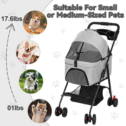 4 Wheels Pet Stroller,Dog and Cat Foldable Strollers, Removable Carrier, Breathable Mesh Canopy, Storage Basket and Cup Holder, Lightweight Travel Carrier, Pet Carrying Cart for Walks Outings Shoppin