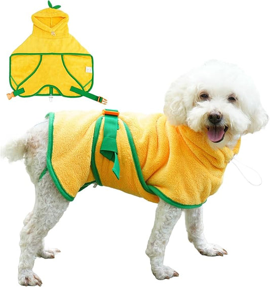Pet Bathrobe for Dog Cat Absorbently Quick Drying Coat Cute Dogs Bath Towel Hooded Robe Adjustable Collar & Belly Strap for Pool Beach (Yellow, Medium)