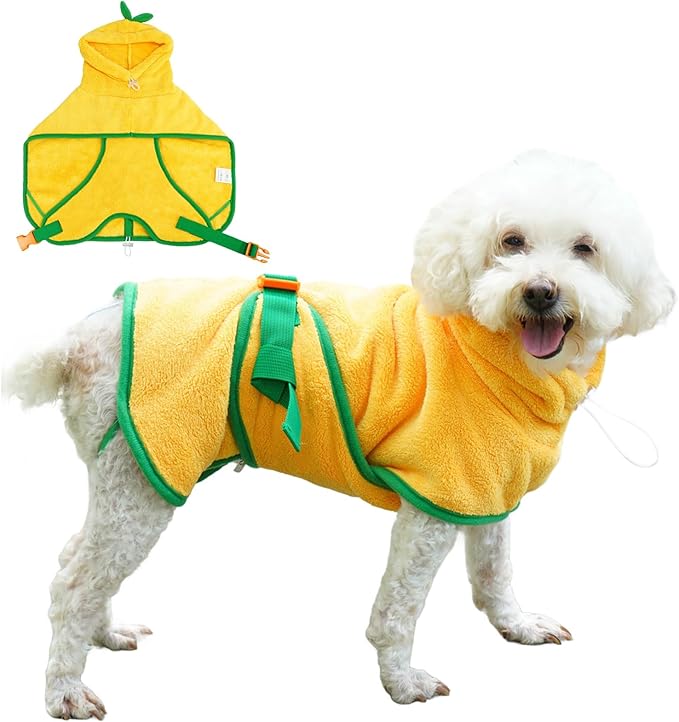 Pet Bathrobe for Dog Cat Absorbently Quick Drying Coat Cute Dogs Bath Towel Hooded Robe Adjustable Collar & Belly Strap for Pool Beach (Yellow, Small)