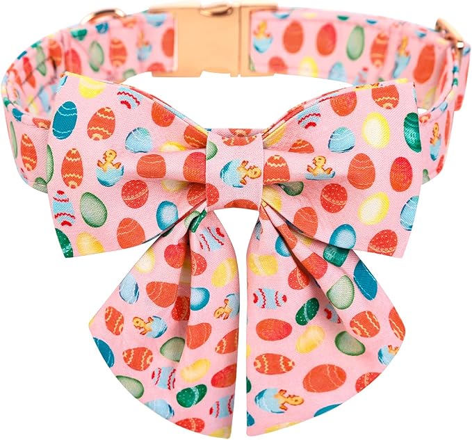 Maca Bates Easter Day Dog Collar with Sailor Bow Tie for Large Girl Boy Dogs, Pink Easter Egg,Chick Pattern,Adjustable Durable Soft Breakaway Collars for Male Female Puppy