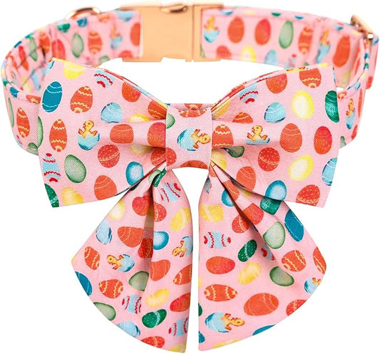 Maca Bates Easter Day Dog Collar with Sailor Bow Tie for Large Girl Boy Dogs, Pink Easter Egg,Chick Pattern,Adjustable Durable Soft Breakaway Collars for Male Female Puppy