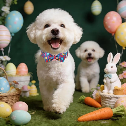 Maca Bates Easter Day Rabbit Dog Collar with Fancy Bow Tie for Extra Small Girl Boy Dogs, Blue Bunny Chick Pattern,Adjustable Durable Soft Breakaway Collars for Male Female Puppy