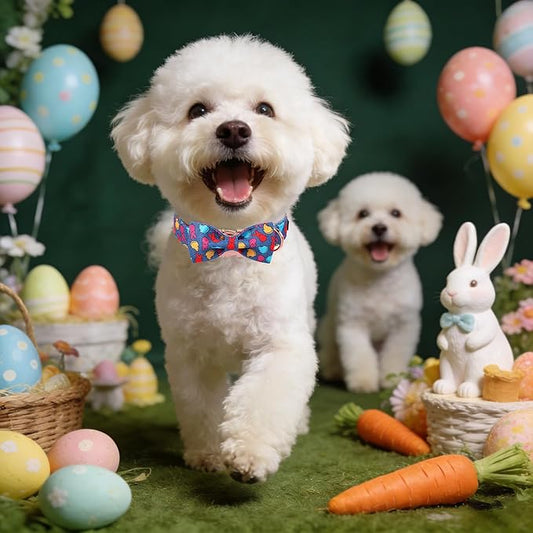 Maca Bates Easter Day Rabbit Dog Collar with Fancy Bow Tie for Extra Small Girl Boy Dogs, Blue Bunny Chick Pattern,Adjustable Durable Soft Breakaway Collars for Male Female Puppy