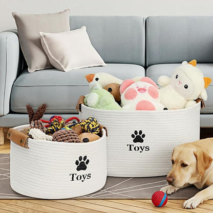 Dog Toy Basket, Quality Cotton Rope Dog Toy Storage with Handles, Durable Dog Toy Bin Box for Organizing Pet Supplies, Pet Toys, Collars, Leashes & Accessories (Beige,13’’x9’’x7.5’’)