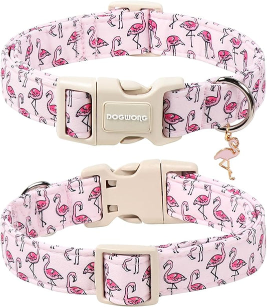 DOGWONG Cute Pet Dog Collar Pink Flamingos Cotton Dog Collar- Soft Girl Puppy Adjustable Pet Collars for Small Medium Large Dogs,L