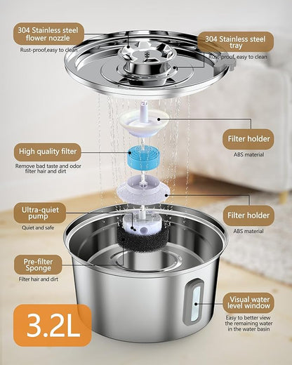 Cat Water Fountain,3.2L/108oz Cat Fountain with Water Level Window,Stainless Steel Pet Water Drinking Fountain for Cats Inside,Quiet Pump for Dogs and Cats(with Water Level Window)