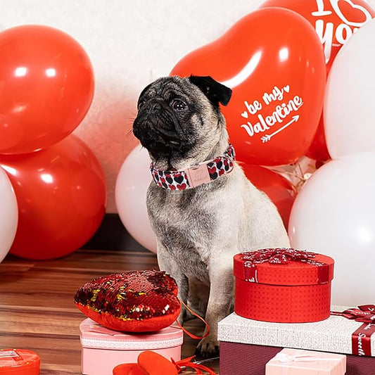 Valentines Dog Collar, Red Black Heart Valentine Pet Collar with Metal Buckel, Durable Adjustable Holiday Dog Collars for Small Medium Large Dogs M