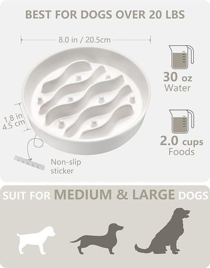 Ceramic Slow Feeder Dog Bowls for Medium and Large Dogs, 2.0 Cups Dog Slow Feeder for Fast Eater, 30oz, 8in, White