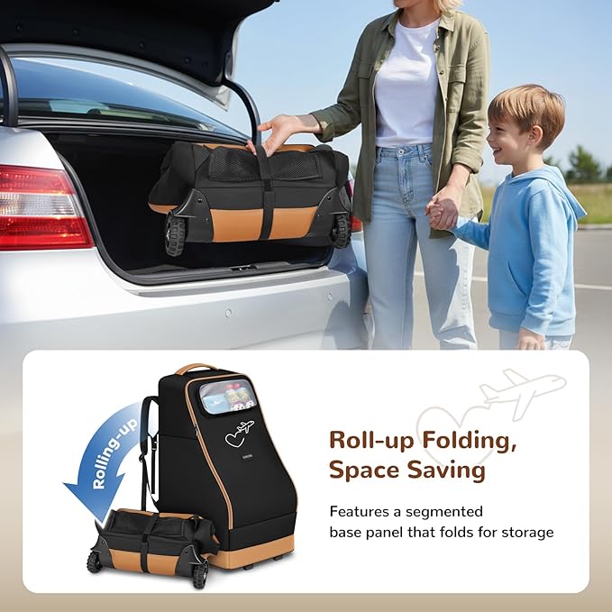 YOREPEK Rolling Car Seat Travel Bag for Airplane, Padded Car Seat Backpack with Large Wheels, Foldable Gate Check Carseat Bags for Air Travel, Clear Pocket for Baby Travel Essentials
