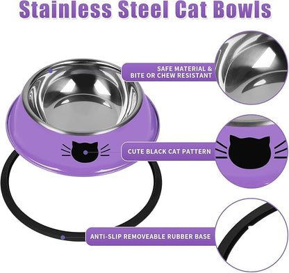 3 Pcs Non-Slip Stainless Steel Small Cat Food Bowls - Unbreakable, Thicken 7 Oz Cat Dishes - Indoor, Removable Rubber Base, Easily Clean, Lovely Color