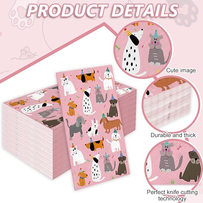 JarThenaAMCS 100Pcs Dog Guest Napkins Pink Disposable Napkins Cute Puppy Dinner Paper Hand Towels for Pet Animal Party Table Bathroom Decor