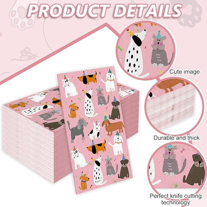 JarThenaAMCS 100Pcs Dog Guest Napkins Pink Disposable Napkins Cute Puppy Dinner Paper Hand Towels for Pet Animal Party Table Bathroom Decor