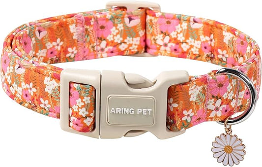 ARING PET Spring Summer Dog Collar, Cute Daisy Wildflower Floral Blossom Pet Collars for Small Medium Large Girl Dogs-L Size