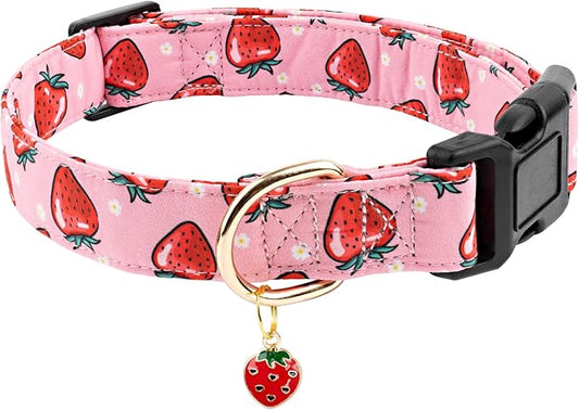 Faygarsle Pink Strawberry Pattern Cotton Dog Collar for Small, Medium, Large Boys Girls Dogs M