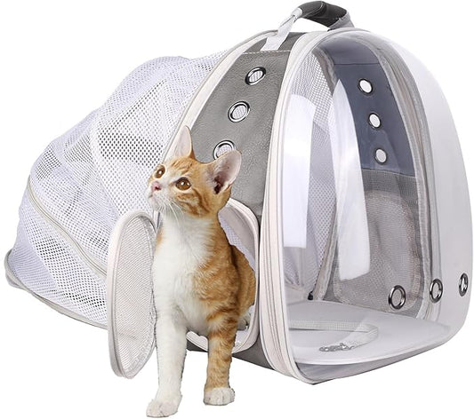 Expandable Carrier Backpack for Kitten Bunny and Small Puppy, Vented Transparent Space Capsule Astronaut Cat Bubble Window, PU Leather Grey Vet Carry Bag