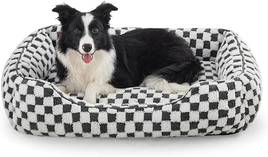 JOEJOY Dog Bed for Large Medium Small Dogs - Rectangle Orthopedic Dog Sofa Bed, Cute Modern Puppy Bed with Jacquard Shaggy Plush & Anti Slip Bottom, 35x25x10inches, Grey