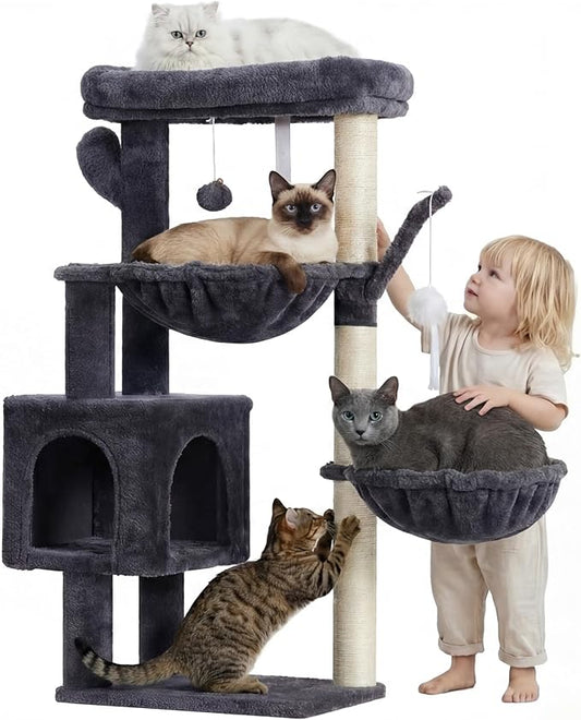Heybly Cat Tree, 39.4 Inches Tower Condo with Scratching Post, Cat Tower for Indoor Cats, Fully Wrapped Sisal Pole, Soft Platform, 2 Baskets and Dangling Toy, Smoky Gray HCT006SG