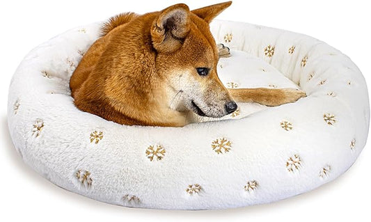 31 Inch Christmas Snowflakes Calming Dog Bed for Medium Dogs, Round Anti-Anxiety Warm Bed, Soft Cozy Anti-Slip Donut Washable Pet Bed, Fits up to 50 lbs Pets