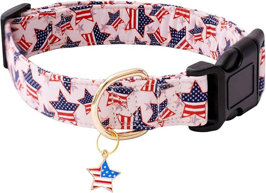 Faygarsle Cotton Dogs Collar Cute 4th of July Independence Day Dog Collars Pink Blue American Flag Star Patterns Dog Collarfor Girl Female Boy Male Small Medium Large Dogs L