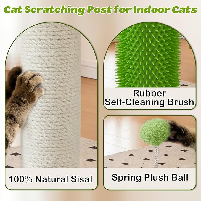 Cat Scratching Post, 26 Inch Tall Scratching Posts for Indoor Cats Adults and Kittens, Small Cat Scratch Post with Rotatable Hanging Toys, Rubber Brush and Double-Layer Interactive Wooden Ball Track