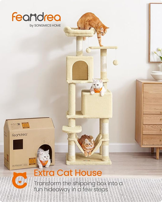 Feandrea Cat Tree, 59.5-Inch Tall Cat Tower, Plush Multi-Level Condo with 5 Scratching Posts, 2 Perches, 2 Caves, Hammock, 2 Pompoms, Beige UPCT192M01
