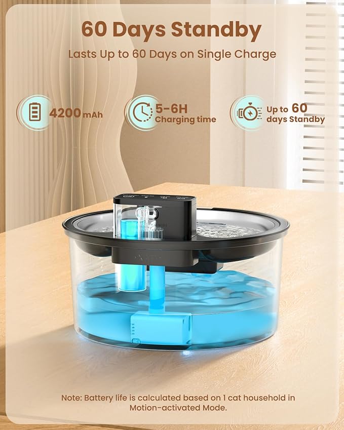 PawPoll Wireless Cat Water Fountain Stainless Steel - 3.2L/108oz Cordless Pet Water Fountain Battery Operated Cats Water Dispenser Silent Rechargeable Automatic Fountain with 6 Filters 3 Sponges