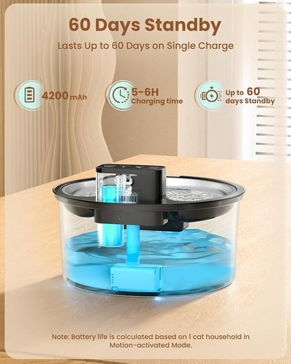 PawPoll Wireless Cat Water Fountain Stainless Steel - 3.2L/108oz Cordless Pet Water Fountain Battery Operated Cats Water Dispenser Silent Rechargeable Automatic Fountain with 6 Filters 3 Sponges