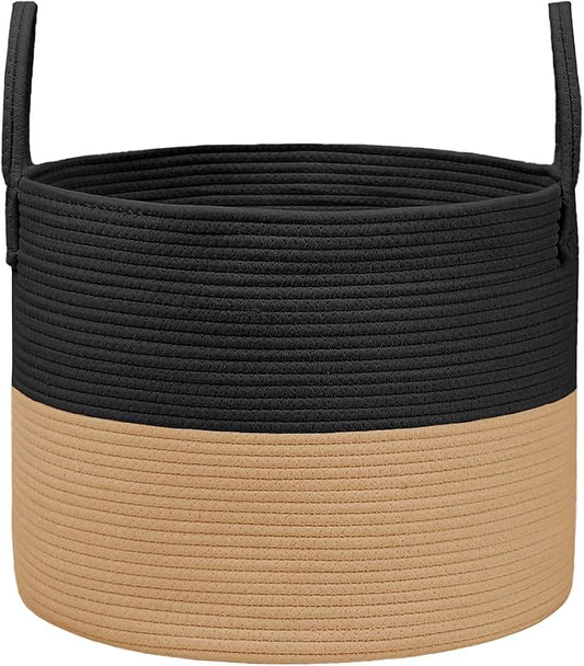 65L Extra Large Blanket Basket for Living Room - Woven Cotton Rope Laundry Hamper with Reinforced Handles - Storage Bin for Pillows, Comforters & Toys - Machine Washable,Black&Jute