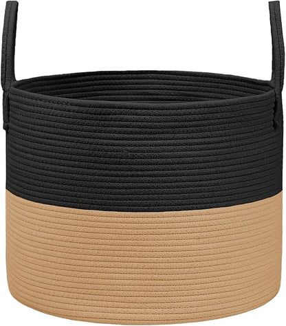 115L Extra Large Blanket Basket for Living Room - Woven Cotton Rope Laundry Hamper with Reinforced Handles - Storage Bin for Pillows, Comforters & Toys - Machine Washable,Black&Jute