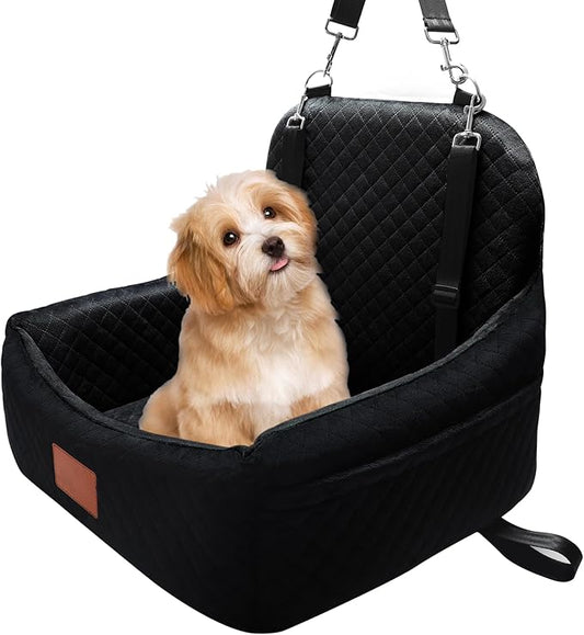 Small Dog Car Seat for Small Dogs Under 30 lbs, Memory Foam Pet Car Seat with Washable Cover, Safety Belts & Side Storage Pockets, Portable Travel Bed for SUV/Sedan (Black)