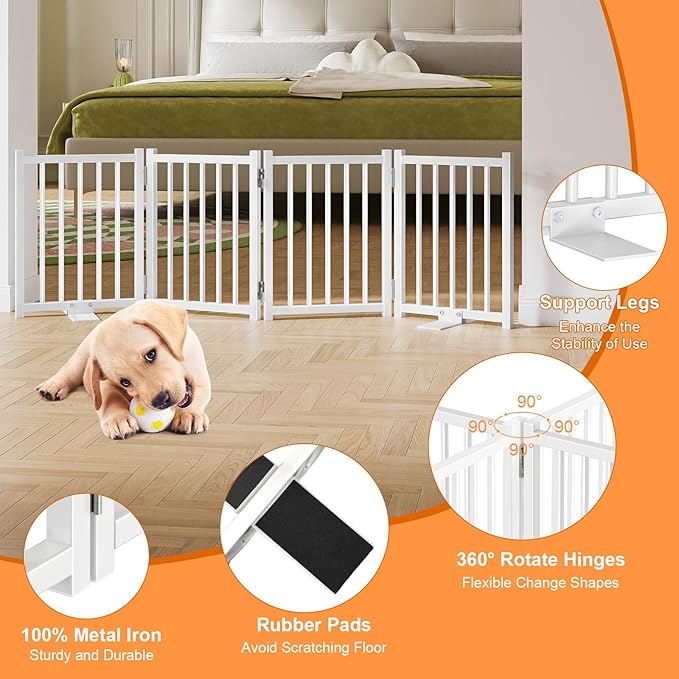 Snughome 2 Pack Short Dog Gate Indoor, 16" High Freestanding Small Dog Gates with Support Feet, Expand Up to 48’’ Wide Foldable Pet Gate for Doorway, 8 Panel Pet Door Pet Fence for Puppy, White