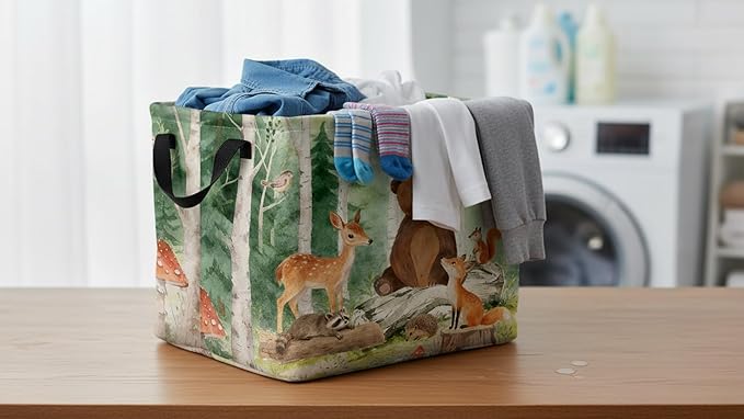 CLOCOR Rectangular Storage Basket,Collapsible Cute Pattern Storage Bin,Waterproof Books Box with Handles,Gift Basket(Forest Animals)