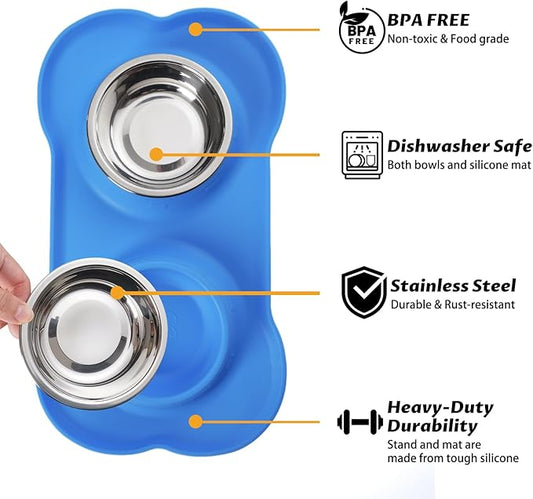 Hubulk Pet Dog Bowls 2 Stainless Steel Dog Bowl with No Spill Non-Skid Silicone Mat + Pet Food Scoop Water and Food Feeder Bowls for Feeding Small Medium Large Dogs Cats Puppies (Small, Blue)
