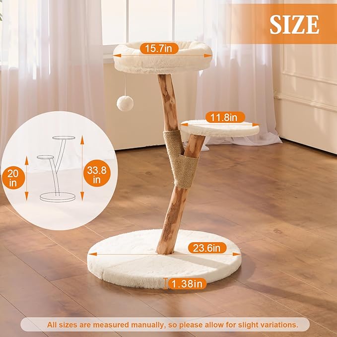 Modern Cat Tree Tower for Indoor Cats, 2-Tier Cat Furniture with Natural Wood Posts, Soft Plush Bed, Scratching Post & Hanging Ball Toy, Stylish Cat Climbing Tower