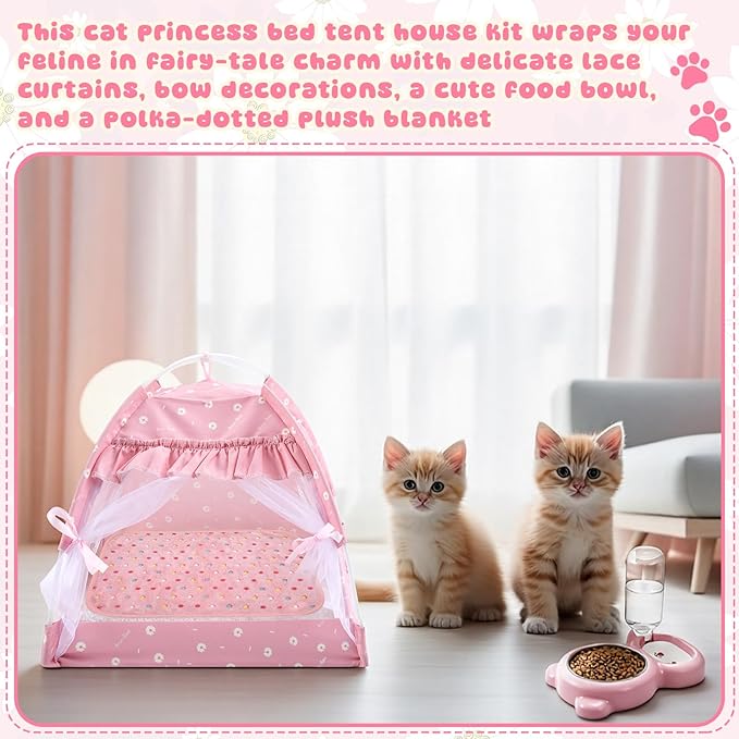 BreezeHug 3 Pieces Dog Tent Bed Cat Princess Tent with Food-Water Bowl and Washable Blanket for Small Pet, Indoor Removable Pink Nest Teepe Pet House Kit for Small Cat, Dog, Puppy, Rabbit